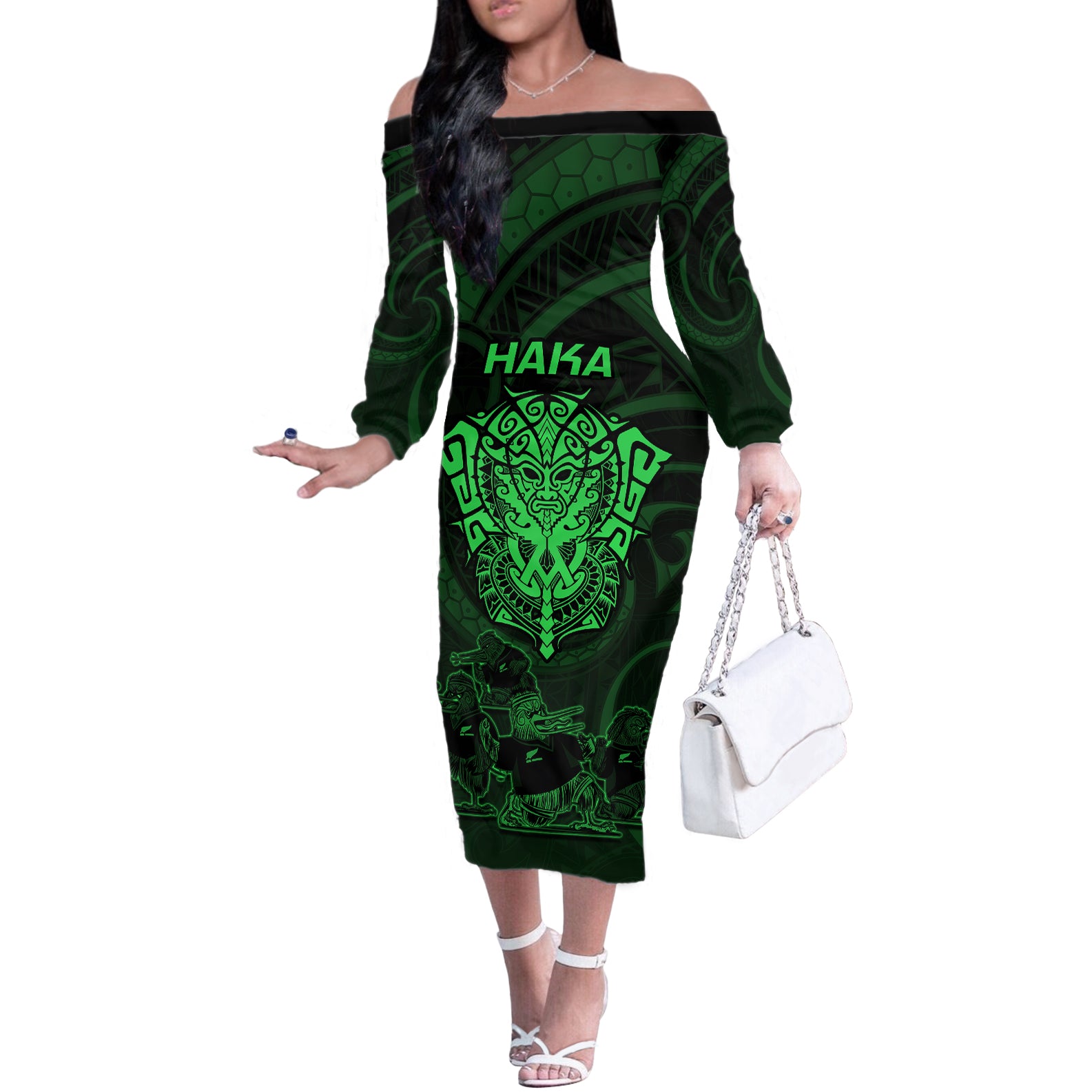 Personalised New Zealand Rugby Off The Shoulder Long Sleeve Dress Aotearoa Ka Mate Haka All Black Mix Ta Moko Green Style LT9 Women Green - Polynesian Pride