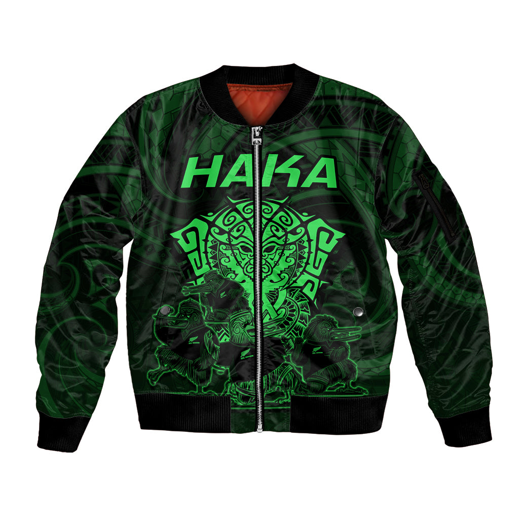 Personalised New Zealand Rugby Sleeve Zip Bomber Jacket Aotearoa Ka Mate Haka All Black Mix Ta Moko Green Style LT9 Unisex Green - Polynesian Pride