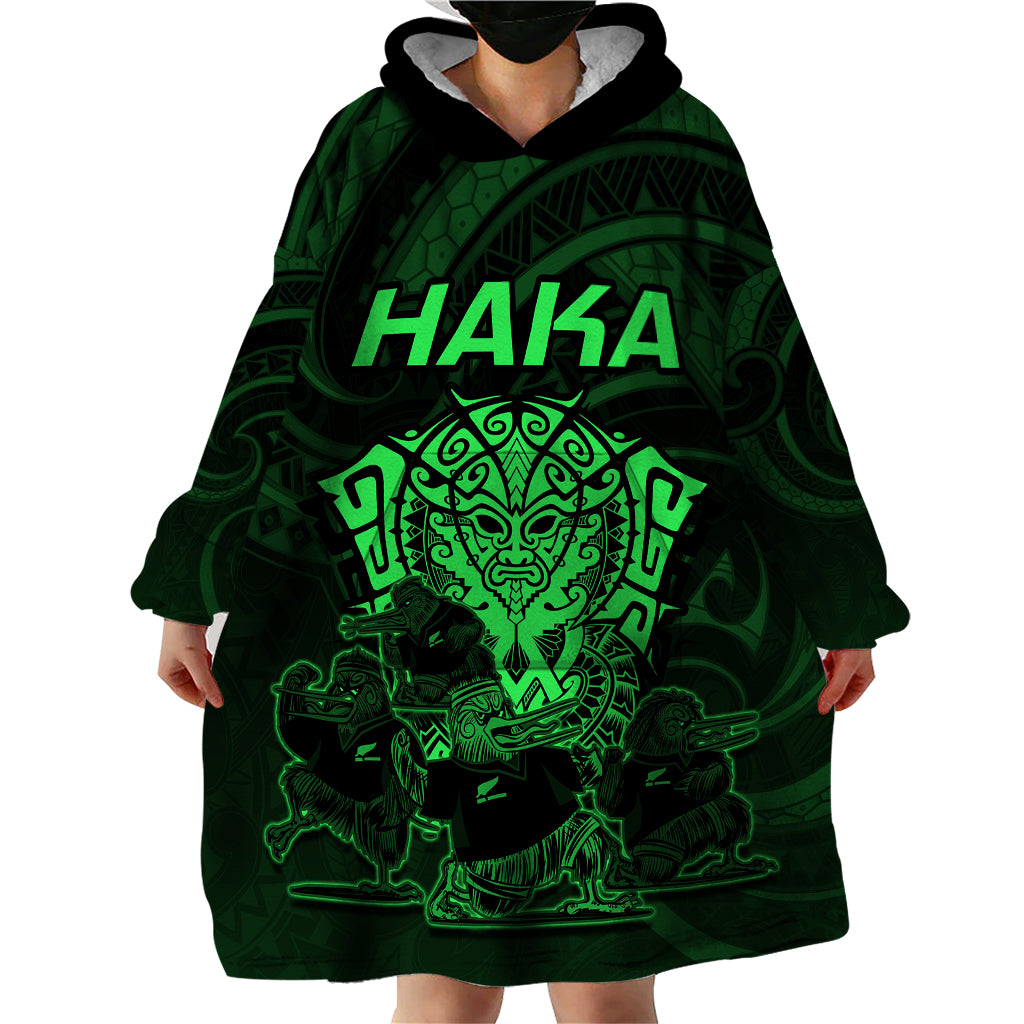 Personalised New Zealand Rugby Wearable Blanket Hoodie Aotearoa Ka Mate Haka All Black Mix Ta Moko Green Style LT9 - Polynesian Pride