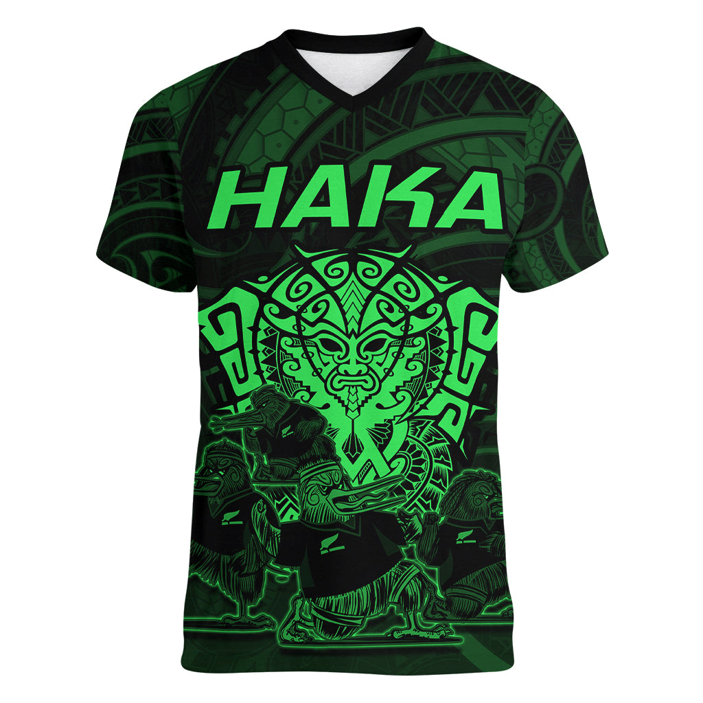 Personalised New Zealand Rugby Women V Neck T Shirt Aotearoa Ka Mate Haka All Black Mix Ta Moko Green Style LT9 Female Green - Polynesian Pride