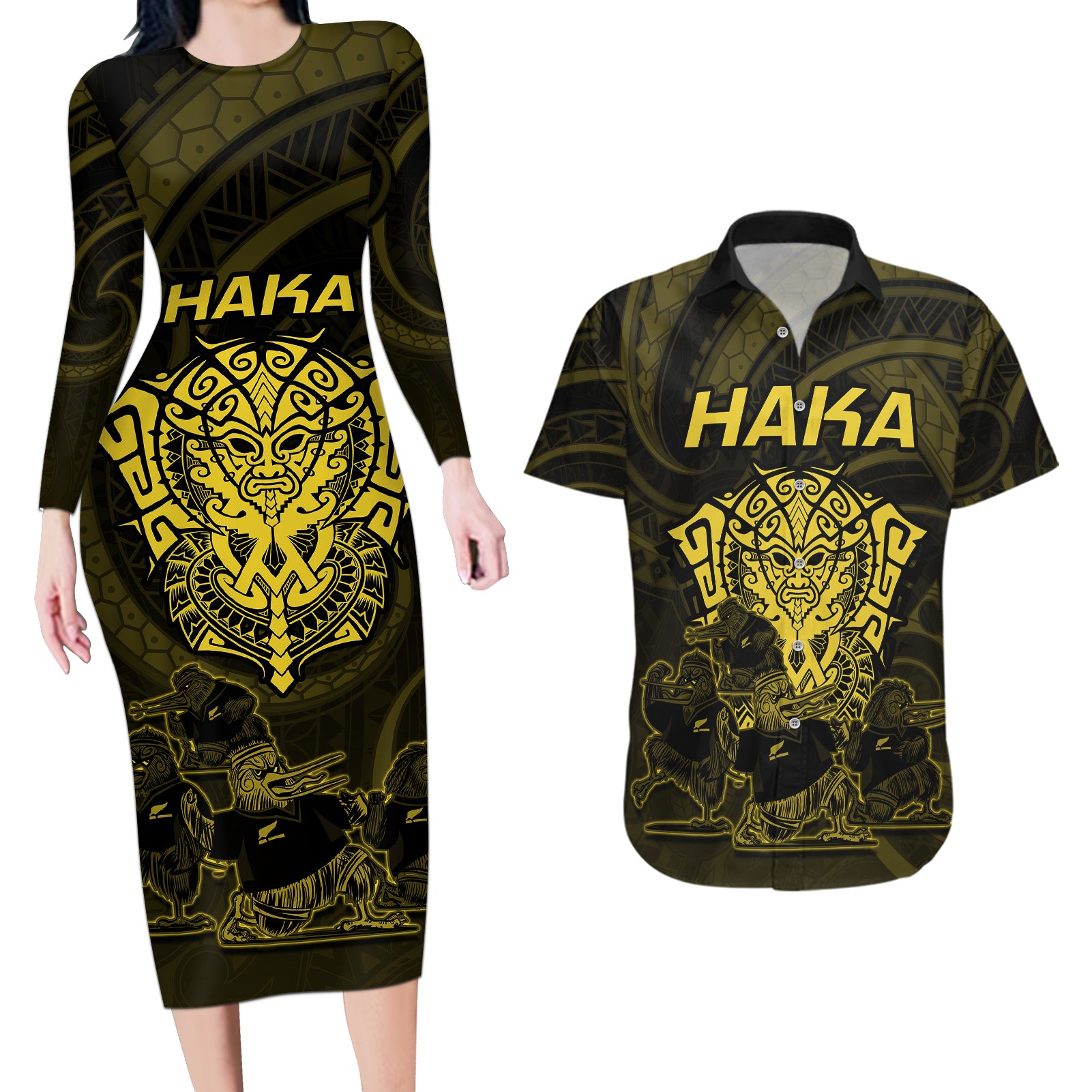 Personalised New Zealand Rugby Couples Matching Long Sleeve Bodycon Dress and Hawaiian Shirt Aotearoa Ka Mate Haka All Black Mix Ta Moko Gold Style LT9 Gold - Polynesian Pride