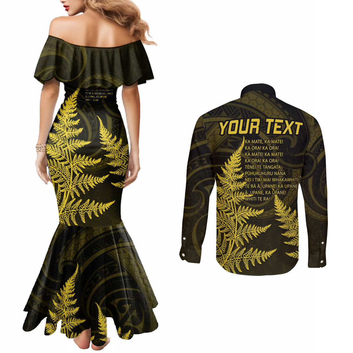 Personalised New Zealand Rugby Couples Matching Mermaid Dress and Long Sleeve Button Shirts Aotearoa Ka Mate Haka All Black Mix Ta Moko Gold Style LT9 - Polynesian Pride