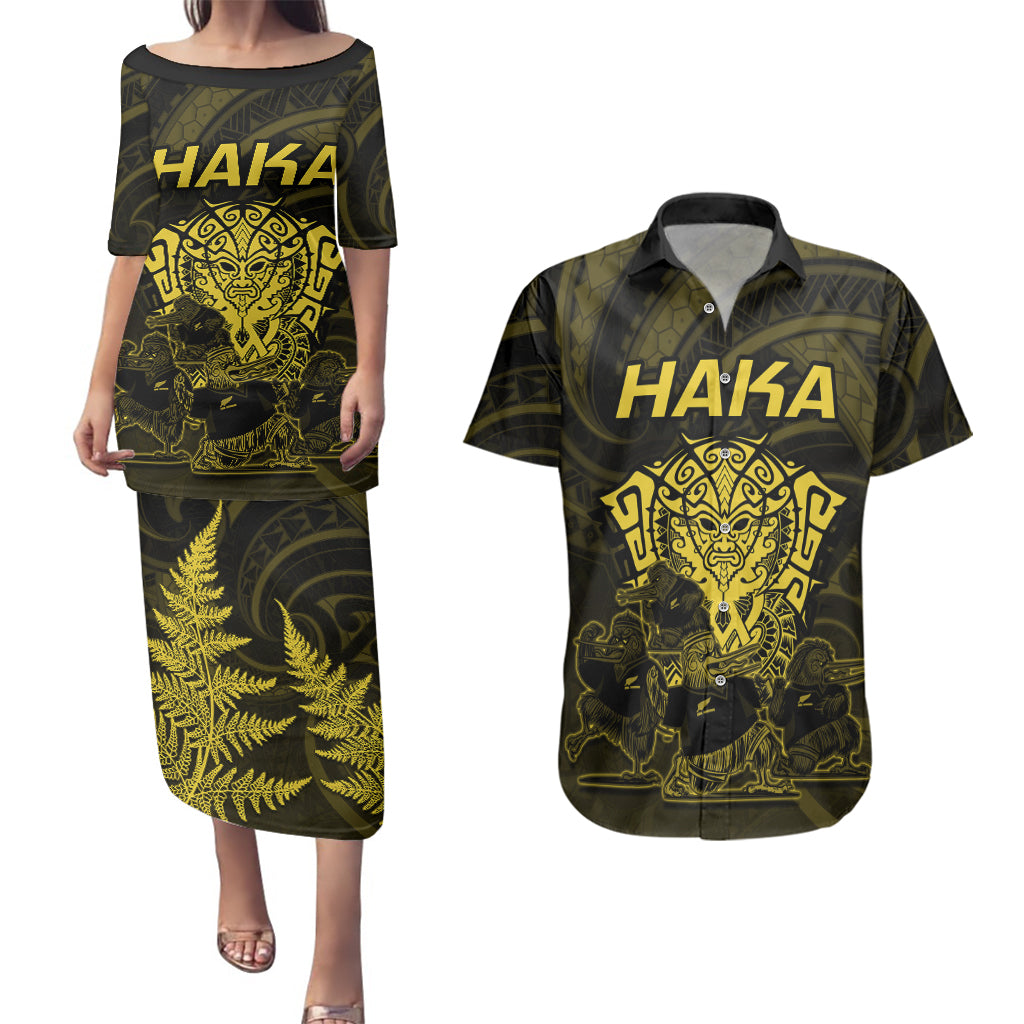 Personalised New Zealand Rugby Couples Matching Puletasi Dress and Hawaiian Shirt Aotearoa Ka Mate Haka All Black Mix Ta Moko Gold Style LT9 Gold - Polynesian Pride