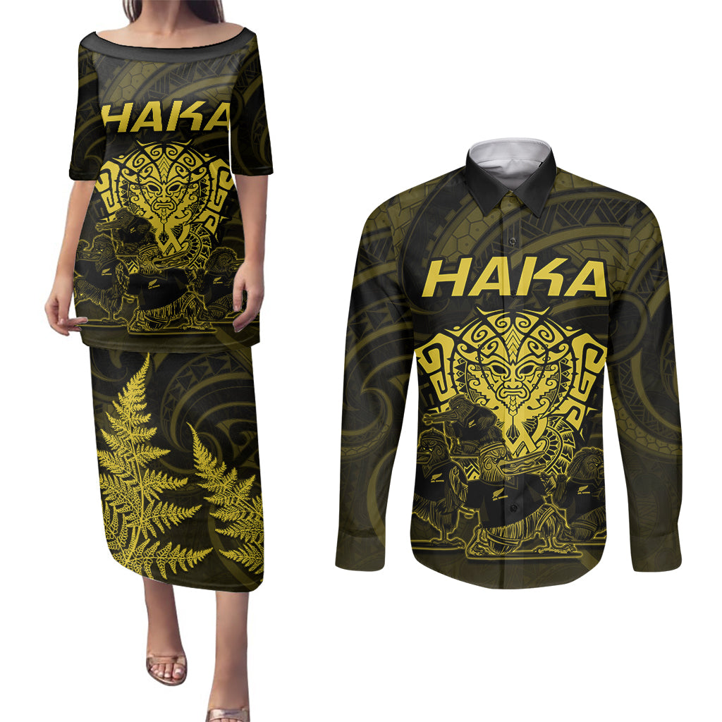 Personalised New Zealand Rugby Couples Matching Puletasi Dress and Long Sleeve Button Shirts Aotearoa Ka Mate Haka All Black Mix Ta Moko Gold Style LT9 Gold - Polynesian Pride