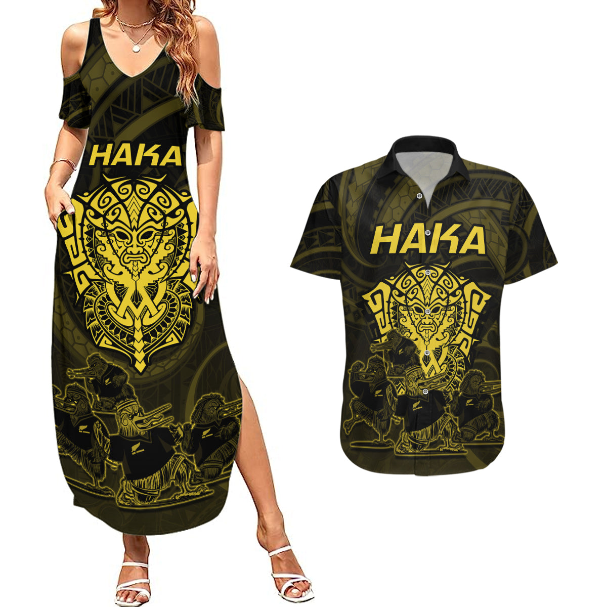 Personalised New Zealand Rugby Couples Matching Summer Maxi Dress and Hawaiian Shirt Aotearoa Ka Mate Haka All Black Mix Ta Moko Gold Style LT9 Gold - Polynesian Pride