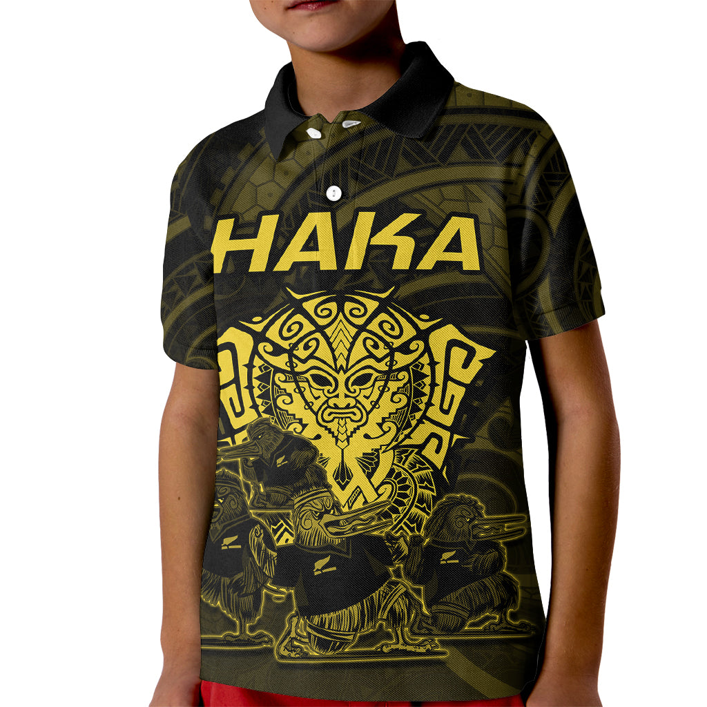 Personalised New Zealand Rugby Kid Polo Shirt Aotearoa Ka Mate Haka All Black Mix Ta Moko Gold Style LT9 Kid Gold - Polynesian Pride