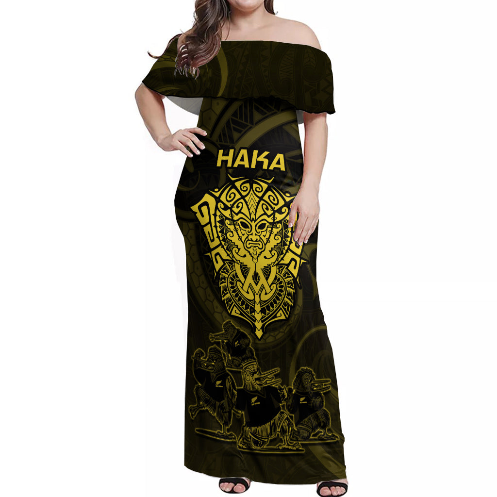 Personalised New Zealand Rugby Off Shoulder Maxi Dress Aotearoa Ka Mate Haka All Black Mix Ta Moko Gold Style LT9 Women Gold - Polynesian Pride