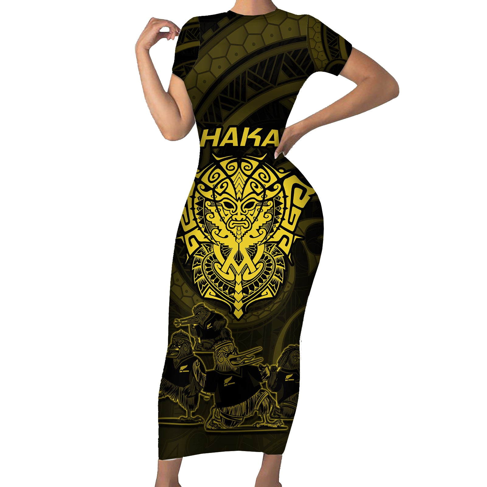 Personalised New Zealand Rugby Short Sleeve Bodycon Dress Aotearoa Ka Mate Haka All Black Mix Ta Moko Gold Style LT9 Long Dress Gold - Polynesian Pride