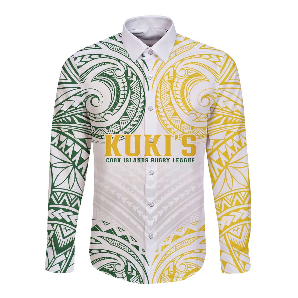 World Rugby Cook Islands Long Sleeve Button Shirt White Polynesian Tribal Pattern - Polynesian Pride