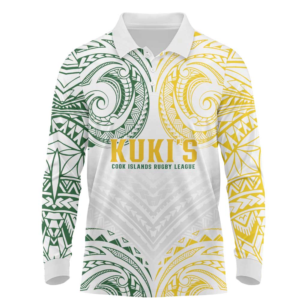 World Rugby Cook Islands Long Sleeve Polo Shirt White Polynesian Tribal Pattern - Polynesian Pride