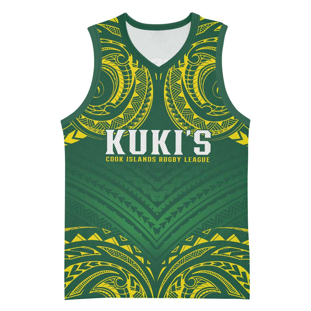 World Rugby Cook Islands Basketball Jersey Green Polynesian Tribal Pattern - Polynesian Pride
