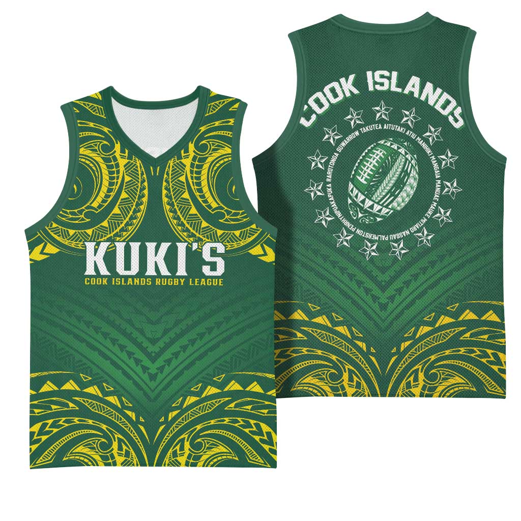 World Rugby Cook Islands Basketball Jersey Green Polynesian Tribal Pattern - Polynesian Pride