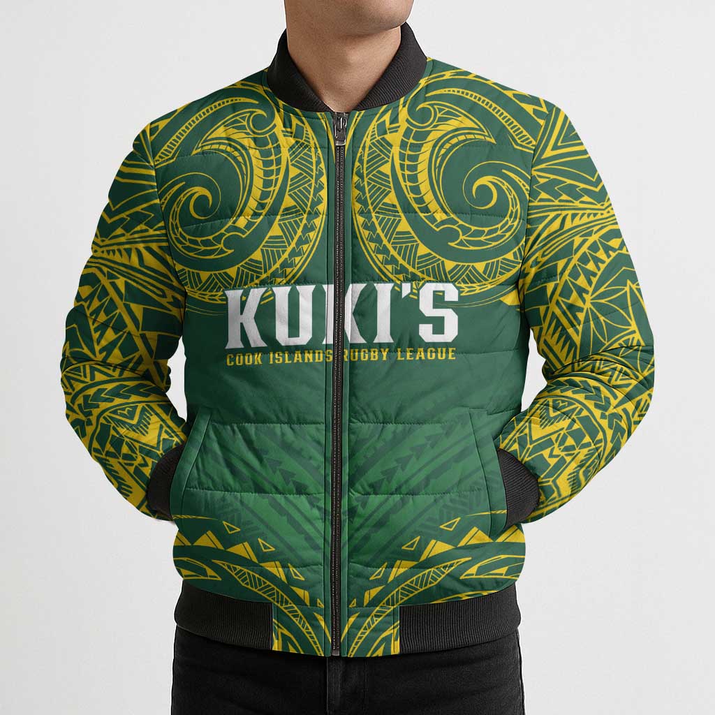 World Rugby Cook Islands Bomber Puffer Jacket Green Polynesian Tribal Pattern - Polynesian Pride