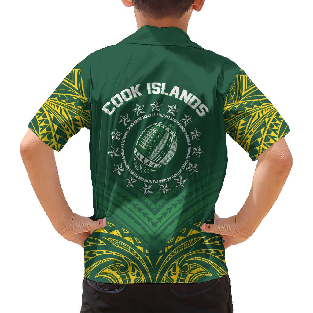 World Rugby Cook Islands Kid Hawaiian Shirt Green Polynesian Tribal Pattern - Polynesian Pride