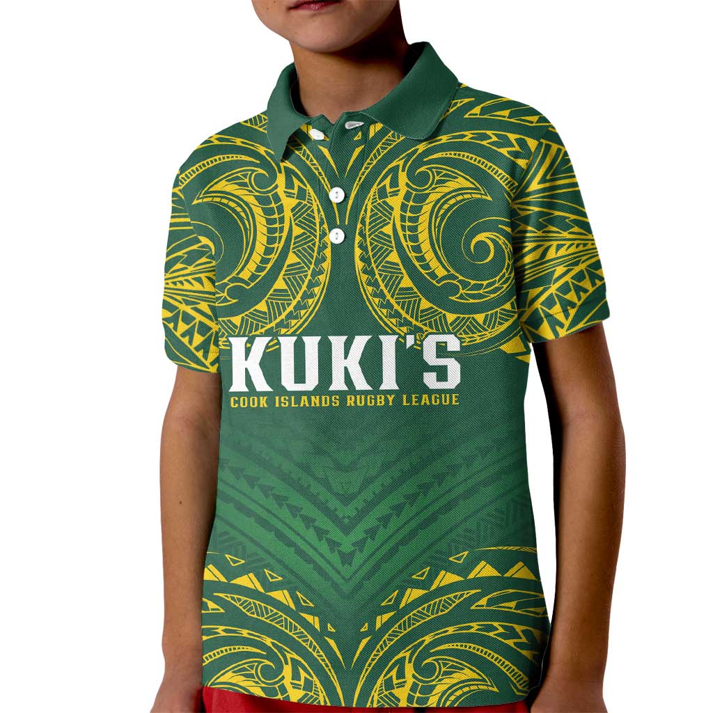 World Rugby Cook Islands Kid Polo Shirt Green Polynesian Tribal Pattern - Polynesian Pride