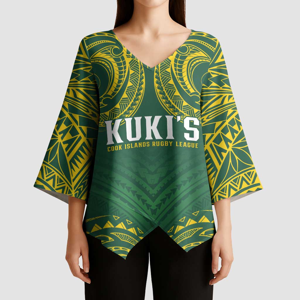 World Rugby Cook Islands Kimono Sleeve Blouse Green Polynesian Tribal Pattern - Polynesian Pride
