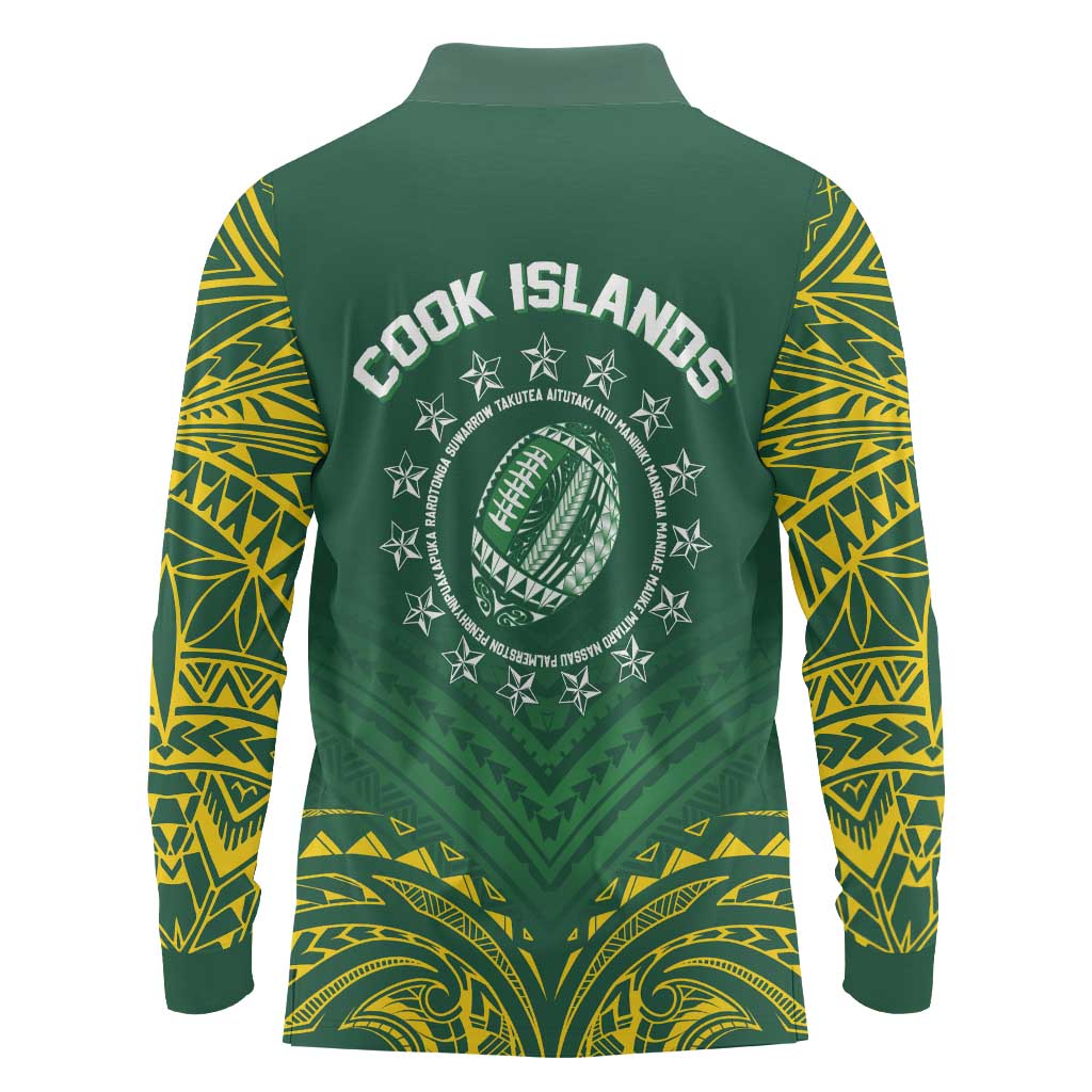 World Rugby Cook Islands Long Sleeve Polo Shirt Green Polynesian Tribal Pattern - Polynesian Pride