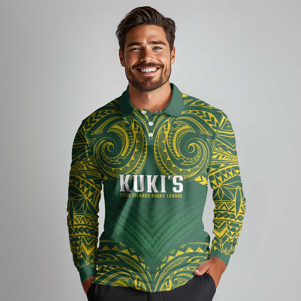 World Rugby Cook Islands Long Sleeve Polo Shirt Green Polynesian Tribal Pattern - Polynesian Pride