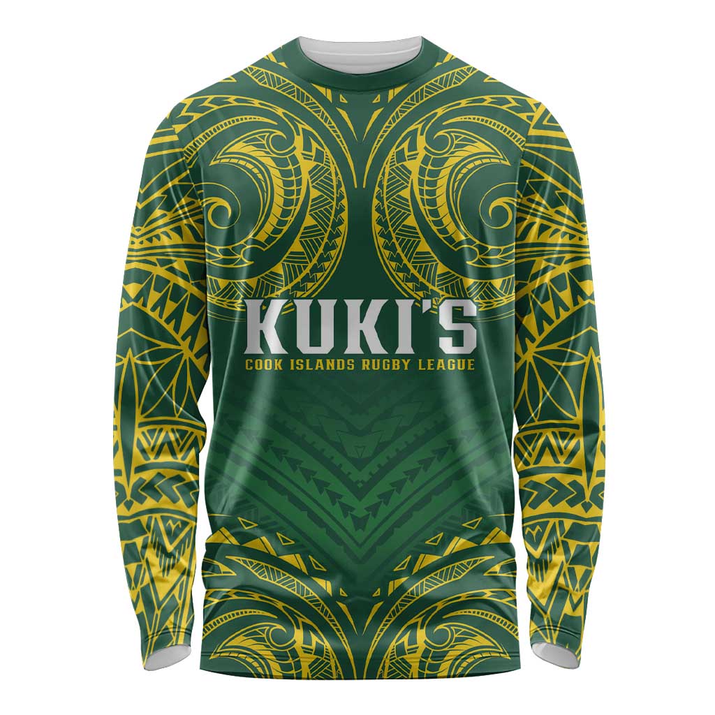 World Rugby Cook Islands Long Sleeve Shirt Green Polynesian Tribal Pattern - Polynesian Pride