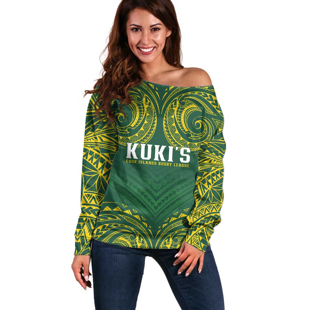 World Rugby Cook Islands Off Shoulder Sweater Green Polynesian Tribal Pattern - Polynesian Pride