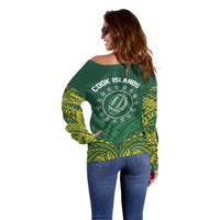 World Rugby Cook Islands Off Shoulder Sweater Green Polynesian Tribal Pattern - Polynesian Pride