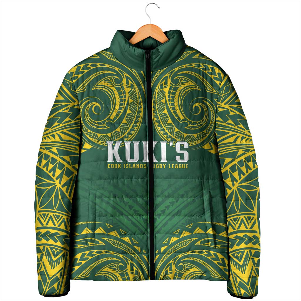 World Rugby Cook Islands Padded Jacket Green Polynesian Tribal Pattern - Polynesian Pride