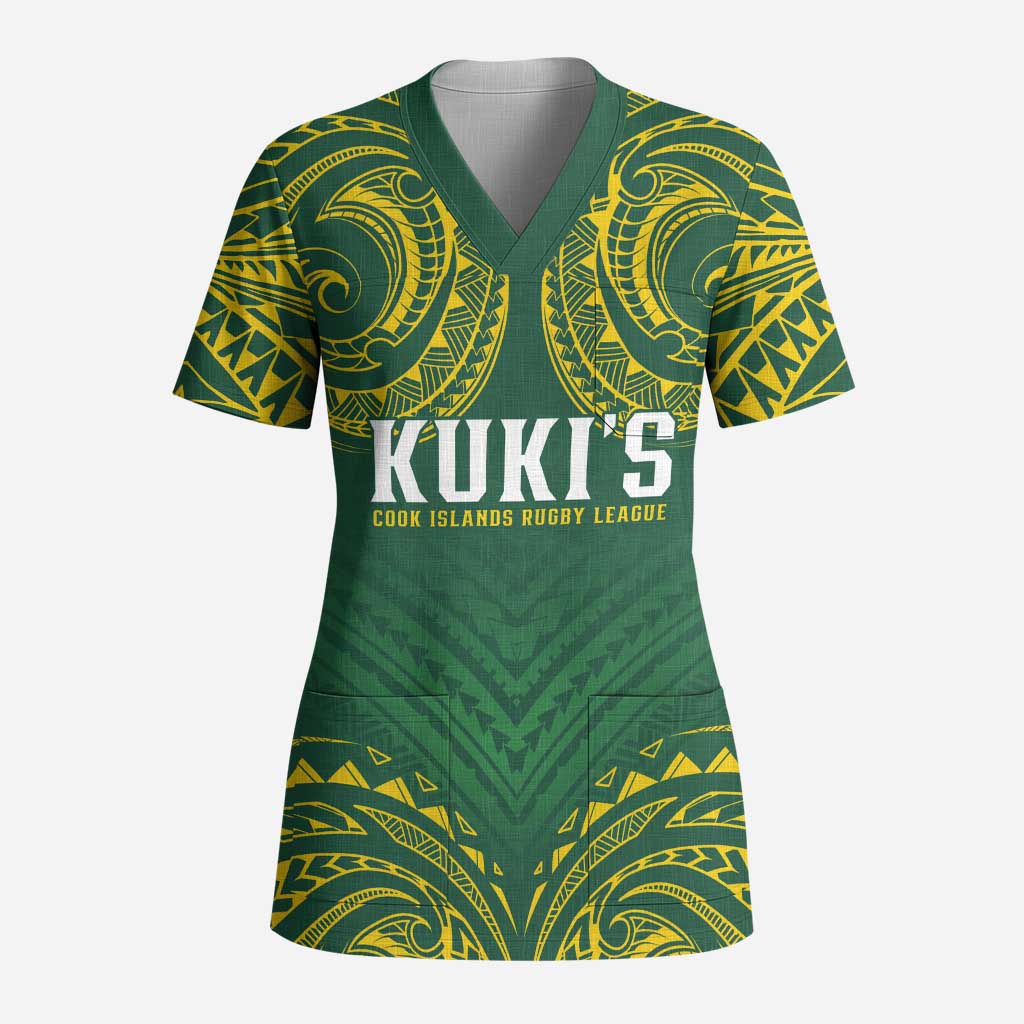 World Rugby Cook Islands Scrub Top Green Polynesian Tribal Pattern - Polynesian Pride