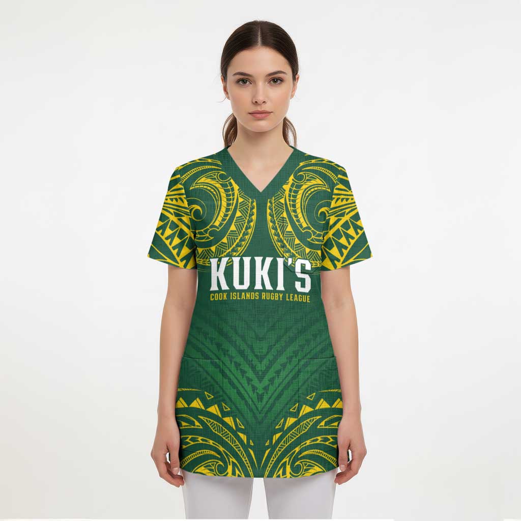 World Rugby Cook Islands Scrub Top Green Polynesian Tribal Pattern - Polynesian Pride