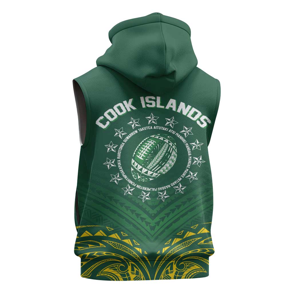 World Rugby Cook Islands Sleeveless Hoodie Green Polynesian Tribal Pattern - Polynesian Pride