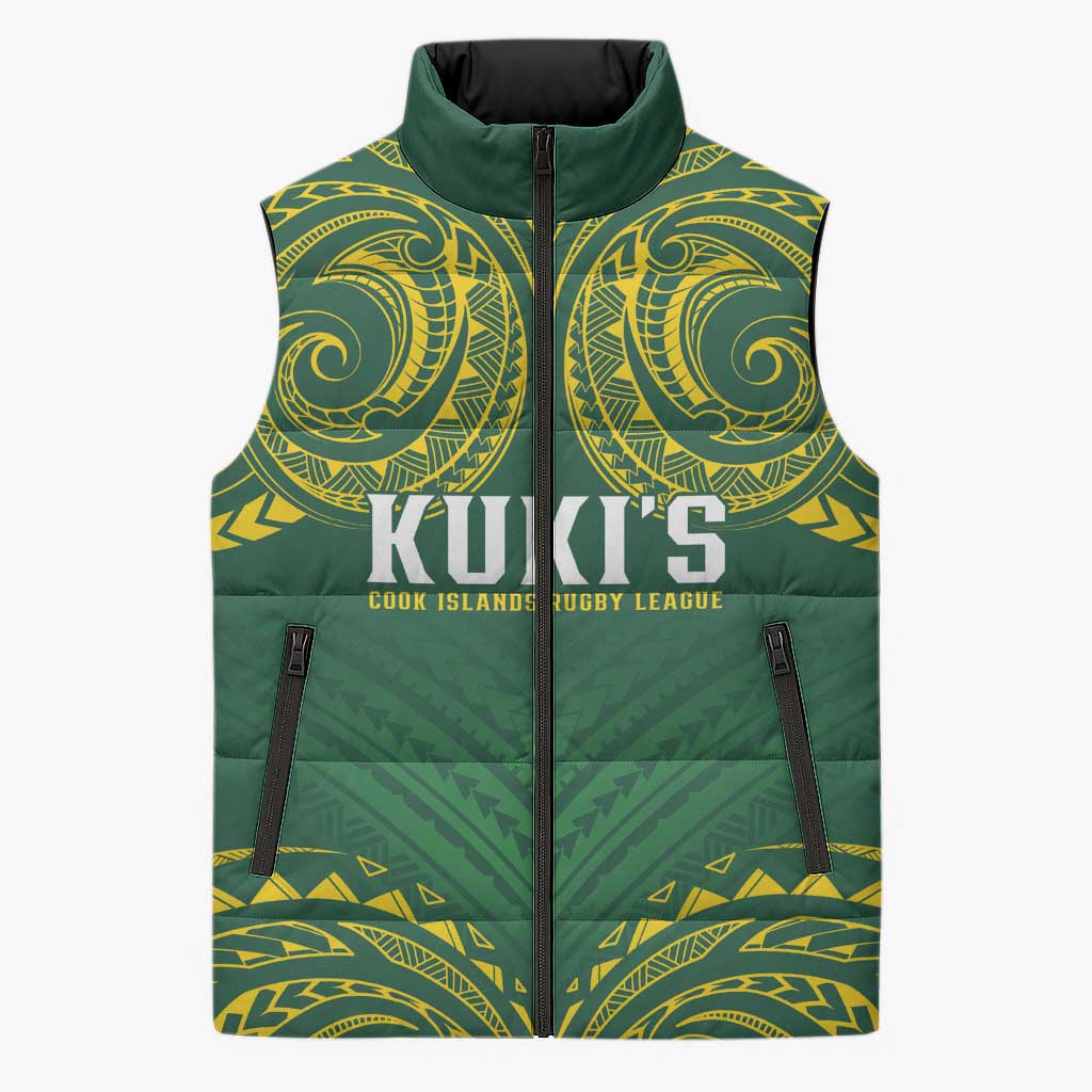 World Rugby Cook Islands Sleeveless Puffer Jacket Green Polynesian Tribal Pattern - Polynesian Pride