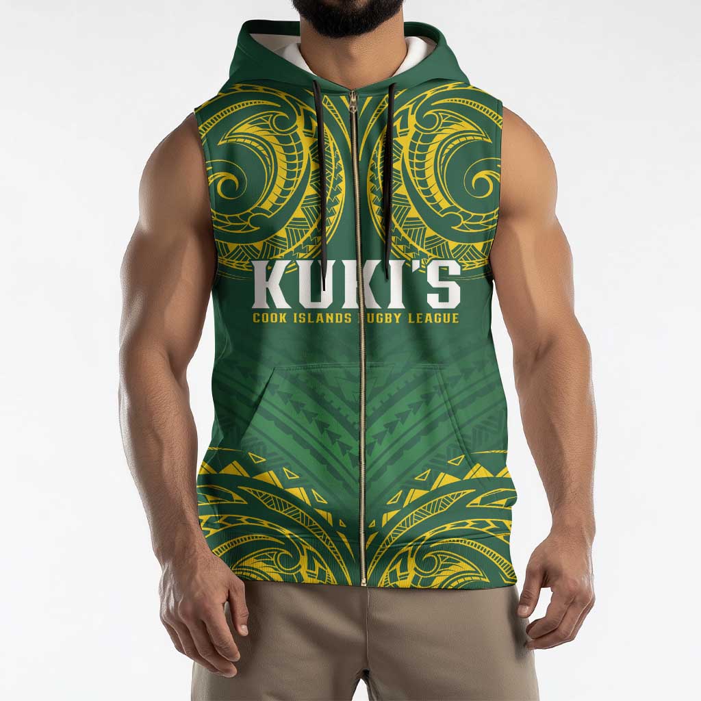 World Rugby Cook Islands Sleeveless Zip Hoodie Green Polynesian Tribal Pattern - Polynesian Pride