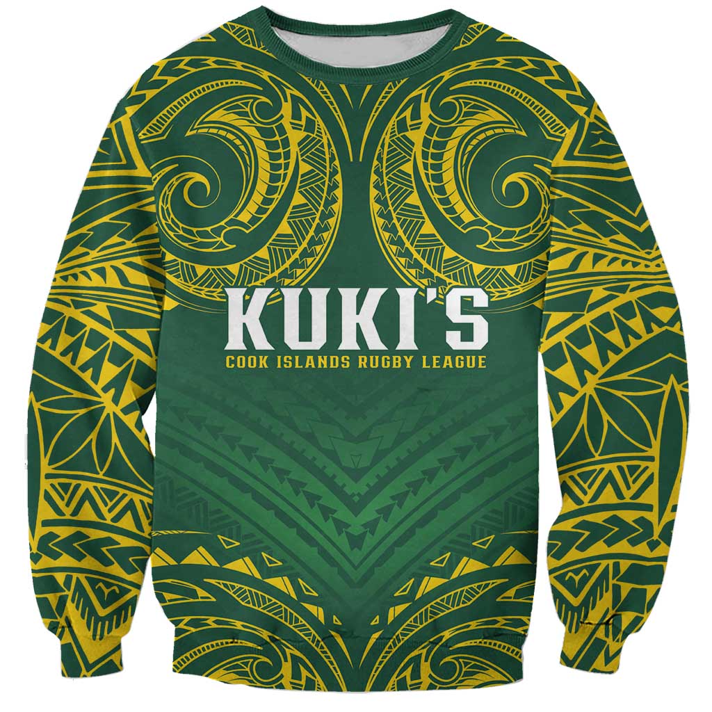 World Rugby Cook Islands Sweatshirt Green Polynesian Tribal Pattern - Polynesian Pride