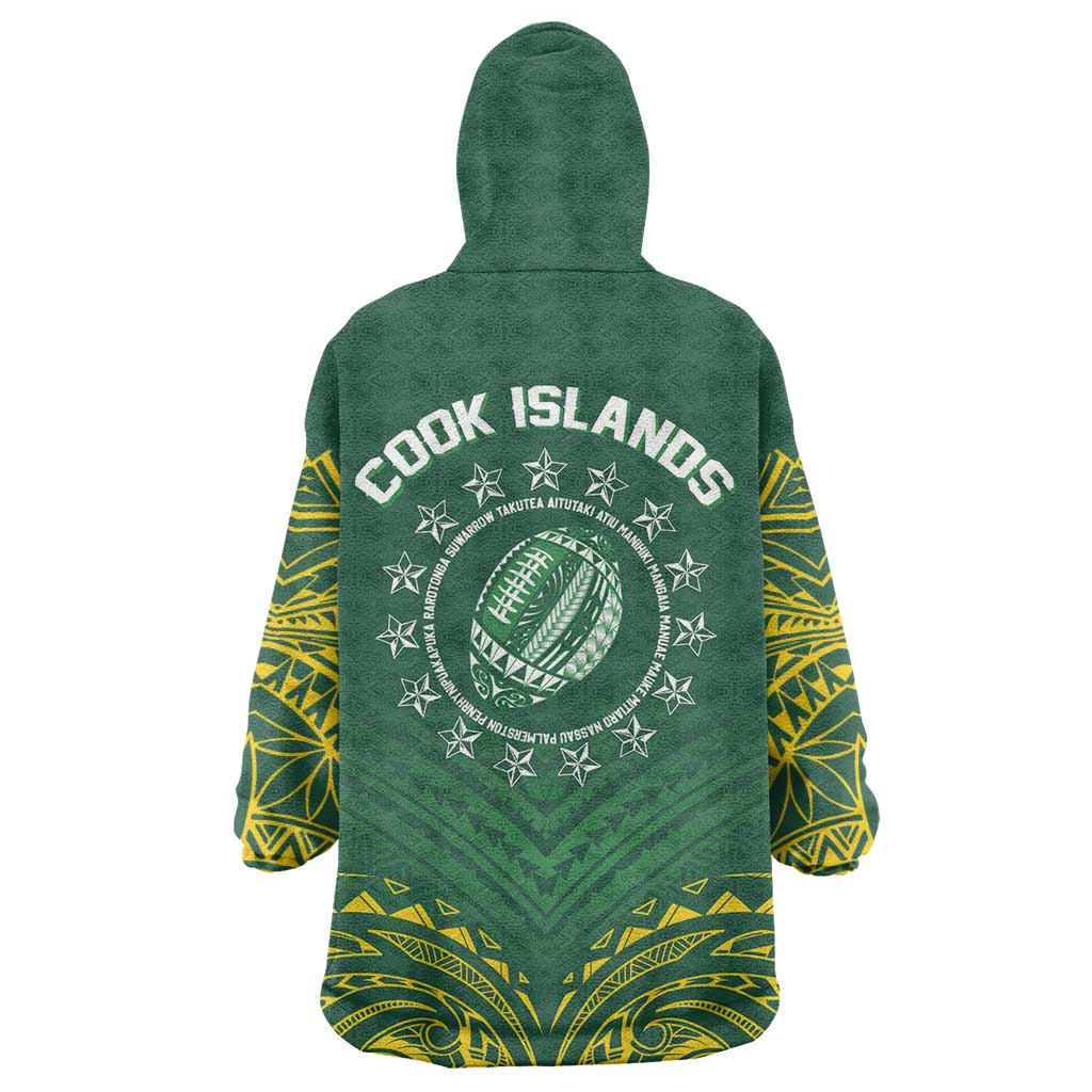 World Rugby Cook Islands Wearable Blanket Hoodie Green Polynesian Tribal Pattern - Polynesian Pride