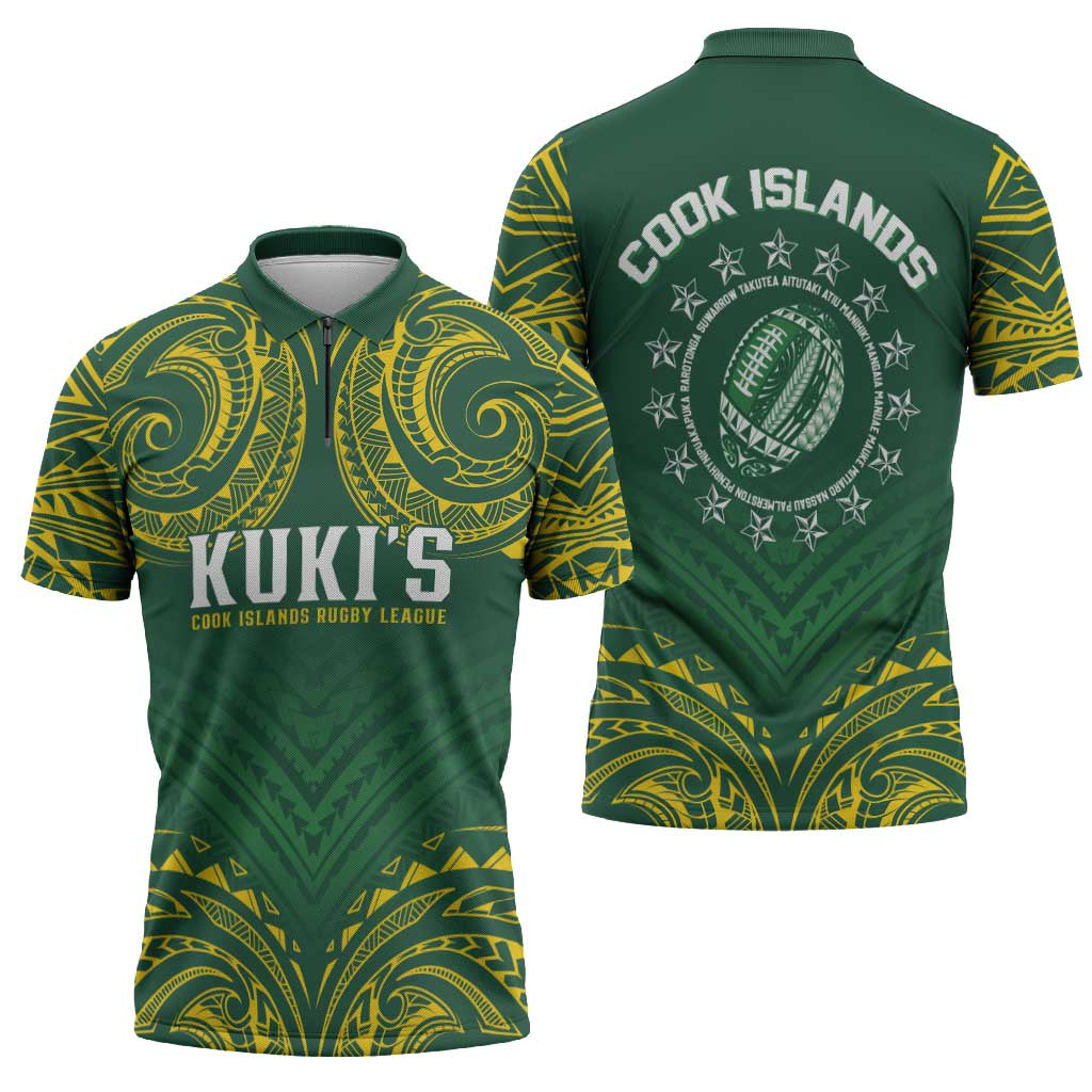 World Rugby Cook Islands Zipper Polo Shirt Green Polynesian Tribal Pattern - Polynesian Pride