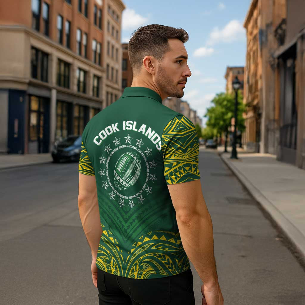 World Rugby Cook Islands Zipper Polo Shirt Green Polynesian Tribal Pattern - Polynesian Pride