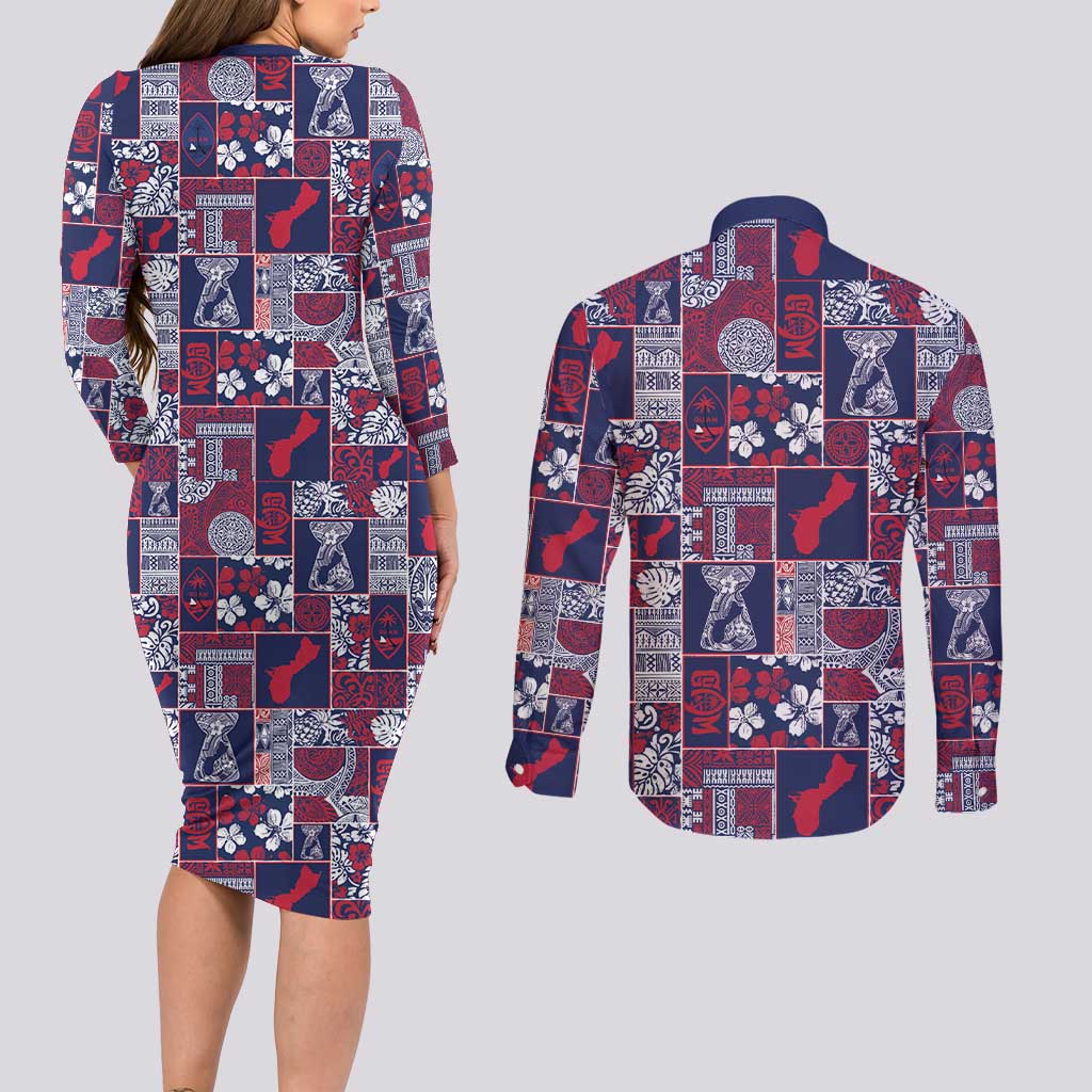 Guam Felis Pasgua Couples Matching Long Sleeve Bodycon Dress and Long Sleeve Button Shirt Pacific Patchwork Xmas Vibes - Polynesian Pride