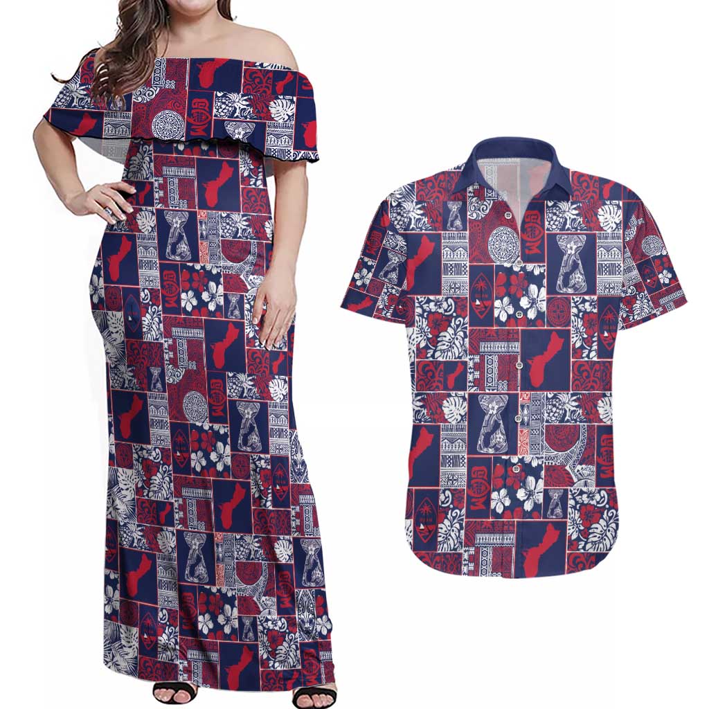 Guam Felis Pasgua Couples Matching Off Shoulder Maxi Dress and Hawaiian Shirt Pacific Patchwork Xmas Vibes - Polynesian Pride