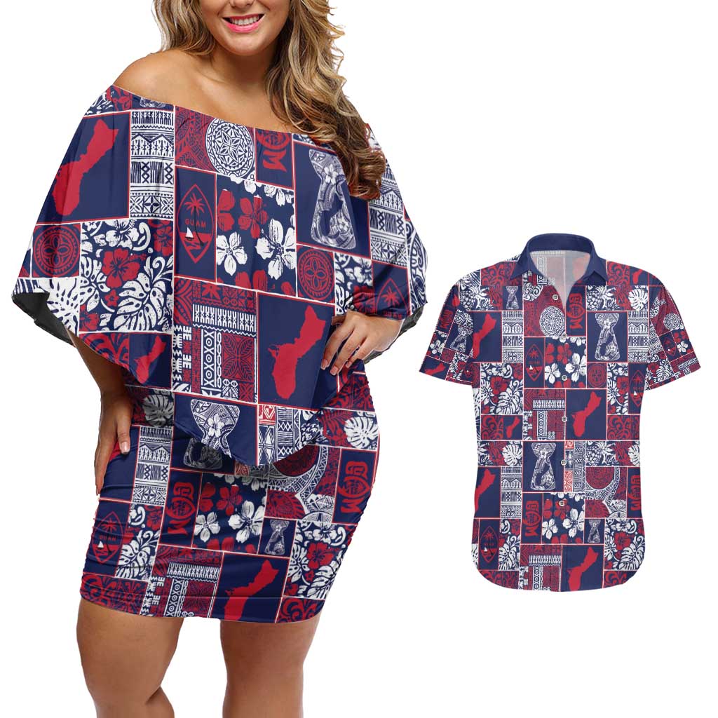 Guam Felis Pasgua Couples Matching Off Shoulder Short Dress and Hawaiian Shirt Pacific Patchwork Xmas Vibes - Polynesian Pride