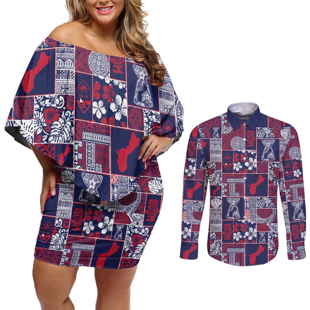 Guam Felis Pasgua Couples Matching Off Shoulder Short Dress and Long Sleeve Button Shirt Pacific Patchwork Xmas Vibes - Polynesian Pride