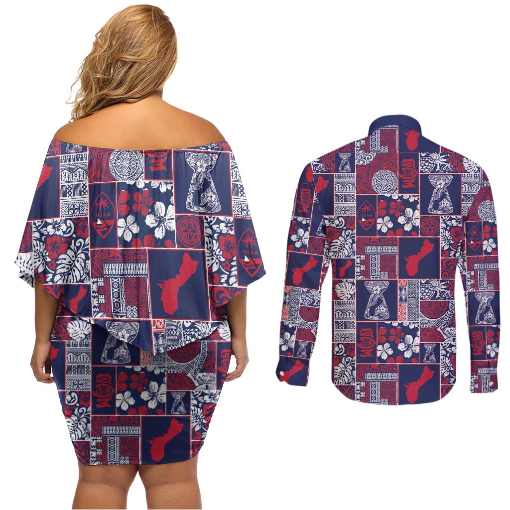 Guam Felis Pasgua Couples Matching Off Shoulder Short Dress and Long Sleeve Button Shirt Pacific Patchwork Xmas Vibes - Polynesian Pride