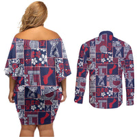Guam Felis Pasgua Couples Matching Off Shoulder Short Dress and Long Sleeve Button Shirt Pacific Patchwork Xmas Vibes - Polynesian Pride
