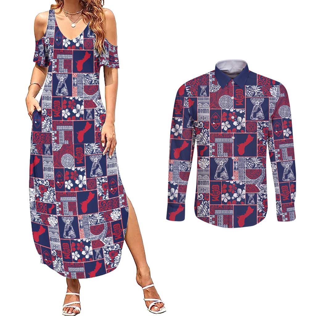 Guam Felis Pasgua Couples Matching Summer Maxi Dress and Long Sleeve Button Shirt Pacific Patchwork Xmas Vibes - Polynesian Pride