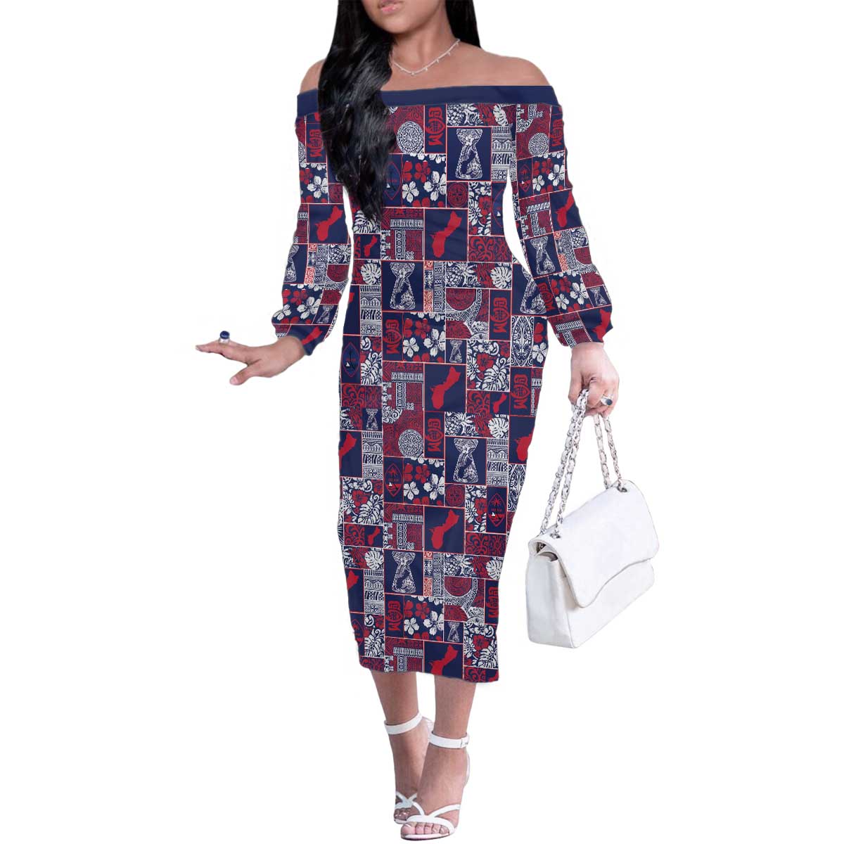 Guam Felis Pasgua Family Matching Off The Shoulder Long Sleeve Dress and Hawaiian Shirt Pacific Patchwork Xmas Vibes - Polynesian Pride