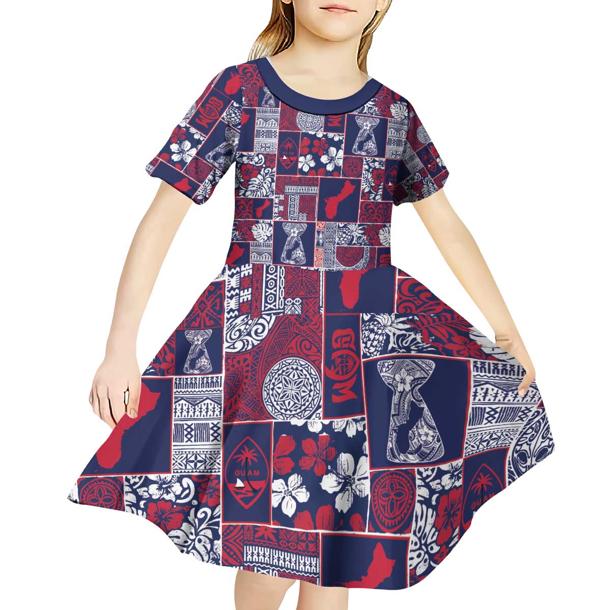 Guam Felis Pasgua Kid Short Sleeve Dress Pacific Patchwork Xmas Vibes - Polynesian Pride