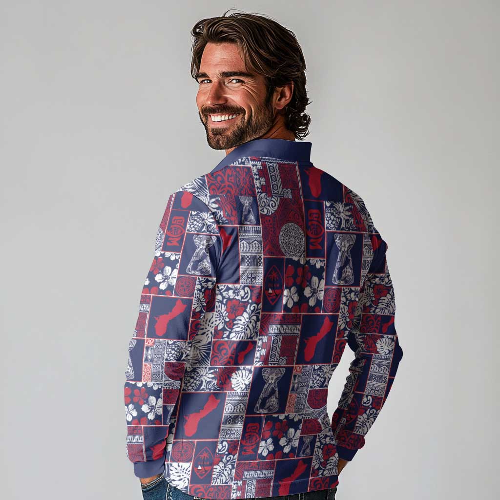 Guam Felis Pasgua Long Sleeve Polo Shirt Pacific Patchwork Xmas Vibes - Polynesian Pride