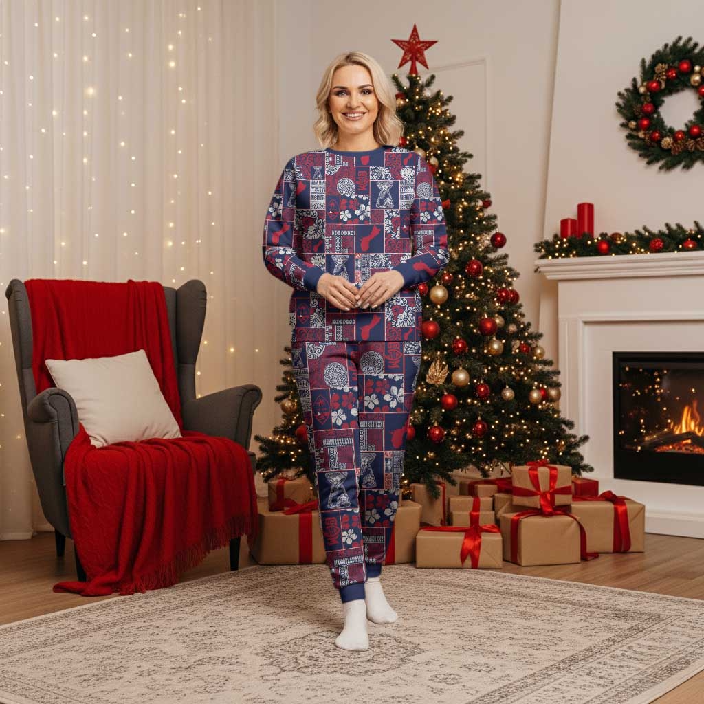 Guam Felis Pasgua Christmas Pajama Set Pacific Patchwork Xmas Vibes LT9 Women Blue - Polynesian Pride