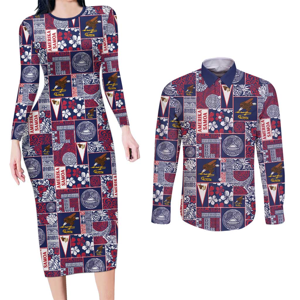 Manuia le Kerisimasi American Samoa Couples Matching Long Sleeve Bodycon Dress and Long Sleeve Button Shirt Pacific Patchwork Xmas Vibes LT9 Blue - Polynesian Pride