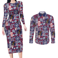 Manuia le Kerisimasi American Samoa Couples Matching Long Sleeve Bodycon Dress and Long Sleeve Button Shirt Pacific Patchwork Xmas Vibes LT9 Blue - Polynesian Pride
