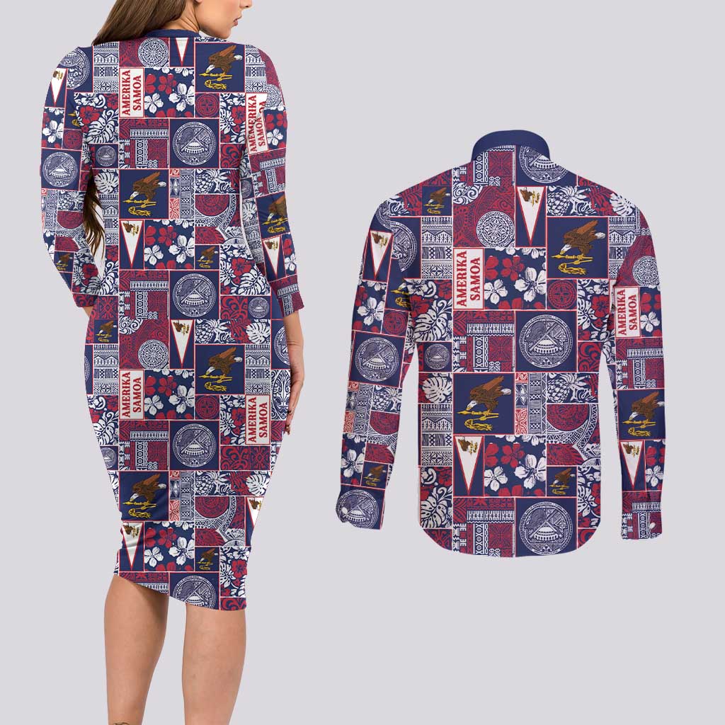 Manuia le Kerisimasi American Samoa Couples Matching Long Sleeve Bodycon Dress and Long Sleeve Button Shirt Pacific Patchwork Xmas Vibes LT9 - Polynesian Pride