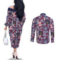 Manuia le Kerisimasi American Samoa Couples Matching Off The Shoulder Long Sleeve Dress and Long Sleeve Button Shirt Pacific Patchwork Xmas Vibes LT9 - Polynesian Pride